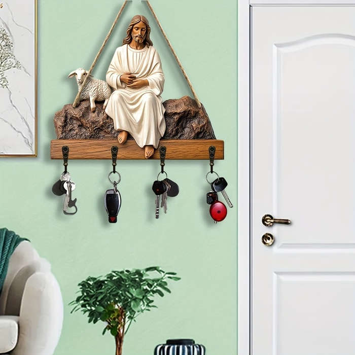 2D Flat 1pc Jesus and Lamb Simple Colorful Wooden Key Holder with Four Metal Hooks(2 x 9.84) 2D