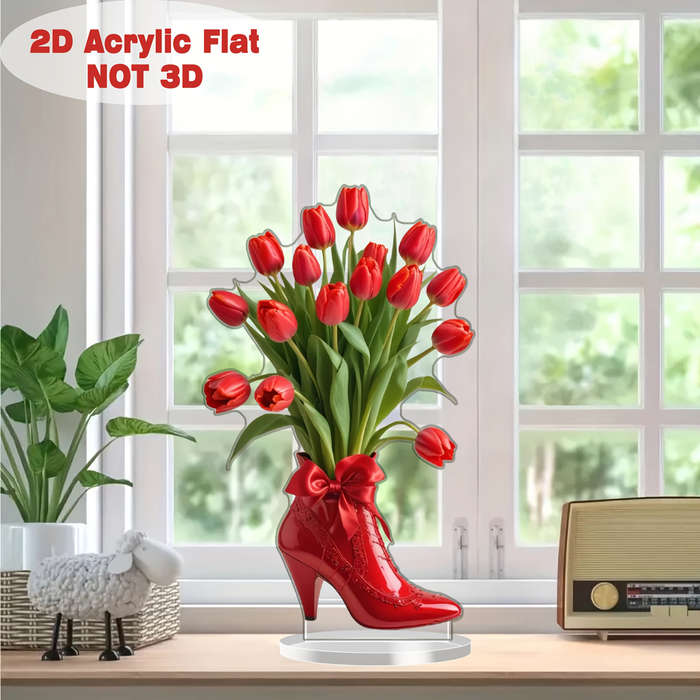 1pc 2D Flat   Classic Red High Heels Tulip Acrylic Desktop Decor Romantic  Design Perfect