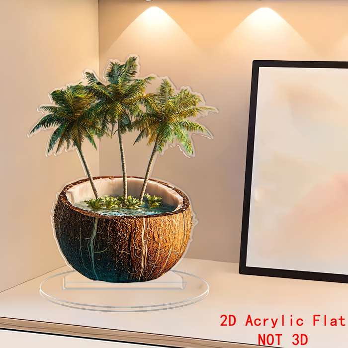 1pc 2D Flat    Acrylic Coconut Shell Planter with Palm Tree Design Clear Decorative Desktop