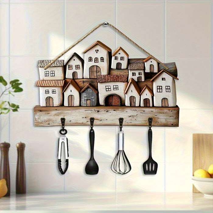 1pc Warm Small Village Wooden Key Rack Wall Decoration-29.97 cmX 22.86cm Rustic Bohemian Style with