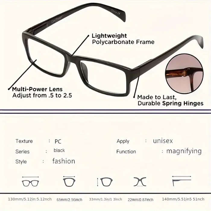 One Power Adjustable Multifocal Reading Glasses - Focus Auto-Adjusting Optic Readers Ranges From 0.5