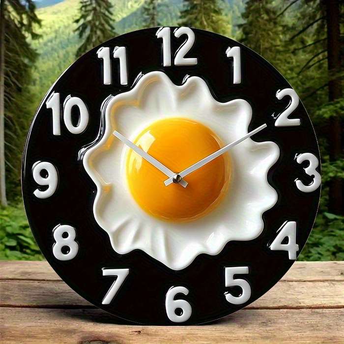 1pc 2D Flat 2D Flat Design Wooden Wall Art Breakfast Theme with Black Background Not real clock