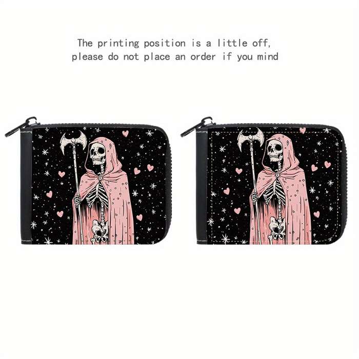 1pc Grim Reaper Pink Skull Print Wallet with 9+2 Card Slots C Stylish Zippered Purse for Everyday U