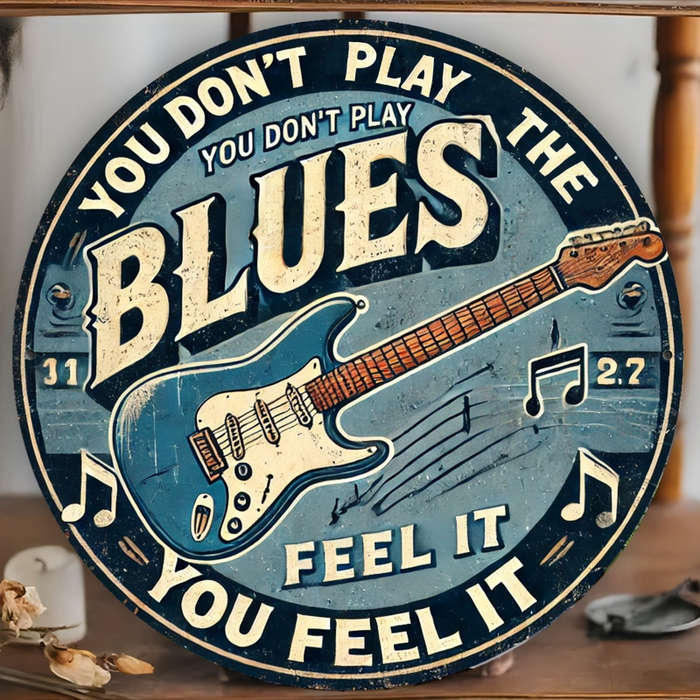 1pc  Vintage Blues Guitar Metal Sign 20.32X20.32 cm Iron Wall Hanging Decor Retro Circular Tin
