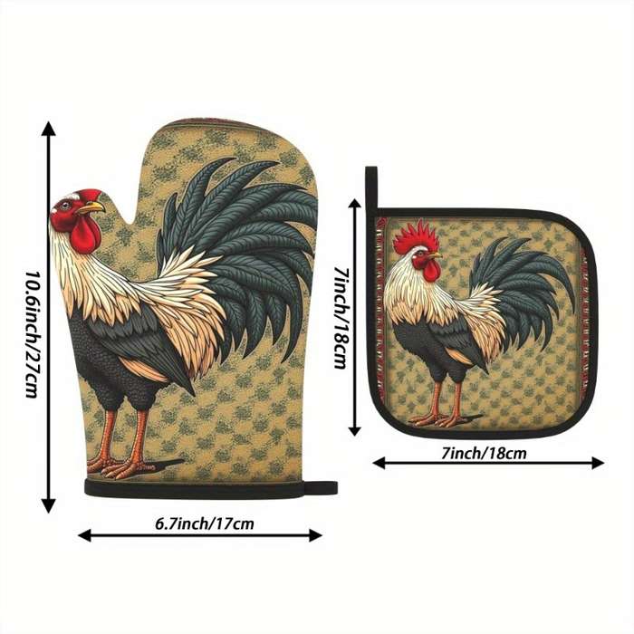 2pcs 26.92x17.02 cm Heat-Resistant Oven Mitts and Pot Holders Vibrant Rooster Design Durable