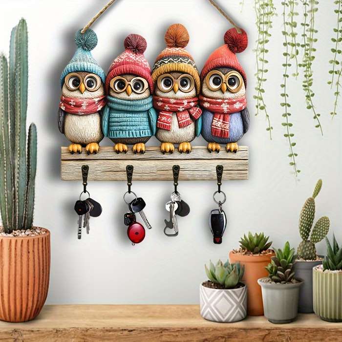 5 Cute Owl Key HoldersColorful Wooden  Home Decor Wall Art with Four Metal Hooks (30.0cm x 24.99