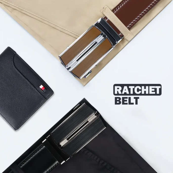 Men's Genuine Leather Ratchet Belt with Adjustable Automatic Buckle Black 120cm