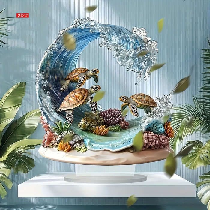 1pc 2D Flat  Bohemian Style Crystal Sea Turtle Wave Decor Plaque Vibrant Oceanic Scene with Color