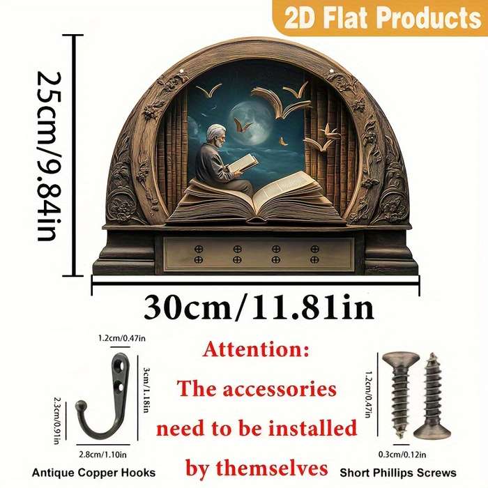 2D Flat 2D Plane 1pc Old for Man Reading Wooden Key Rack Simple and Colorful Design with Four M