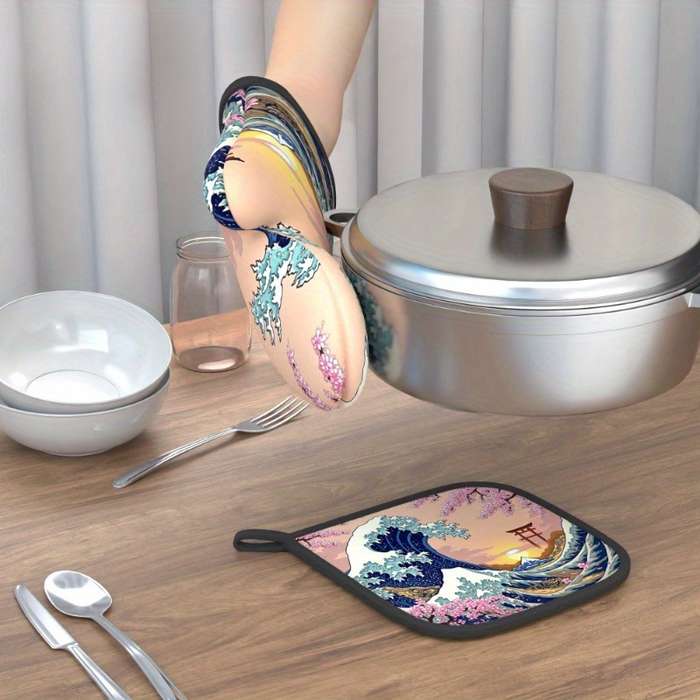 2pcs Set Cherry Blossom Oven Mitts Pot Holders 26.92x17.02cm Heat Resistant Non-Slip Kitch
