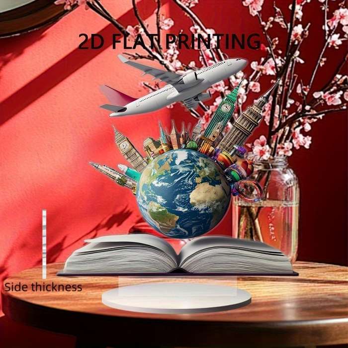 1pc 2D Flat   Acrylic Globe and Airplane Desk Decor Bohemian World Map Art with Iconic Landmark