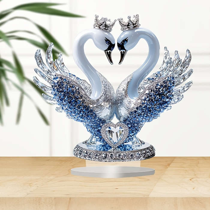 1pc 2D Flat   Ornate Style Acrylic Swan Statue with Heart Shaped Crown Romantic Desktop Decorat