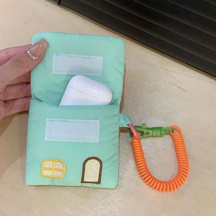 1pc Cute House-Shaped Keychain Pouch Mini Polyester Storage Bag with Rope Closure Pastel Colors
