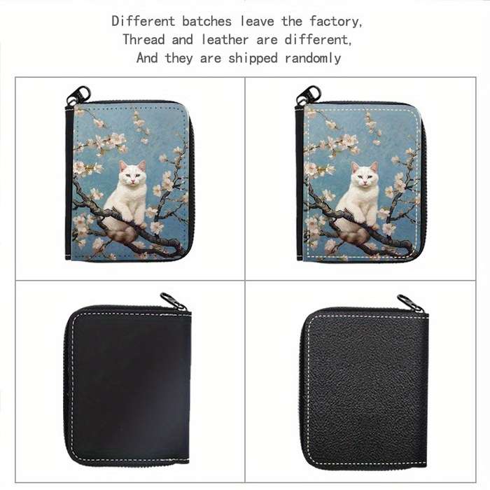 1pc Street Style Faux Leather Wallet with Geometric Cat on Tree Print Lightweight Unlined Zip