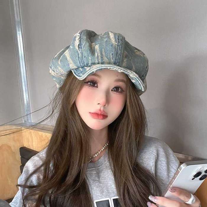 1pc Vintage Distressed Cloud Pattern Beret Hat Acrylic Lightweight Painter Cap with Stripe Cra
