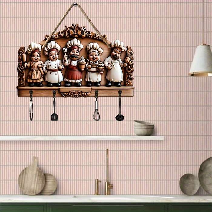 1pc Happy Chef Family Wooden Key HolderVintage Style Wall-Mounted Decor with Four Metal Hooks 2D