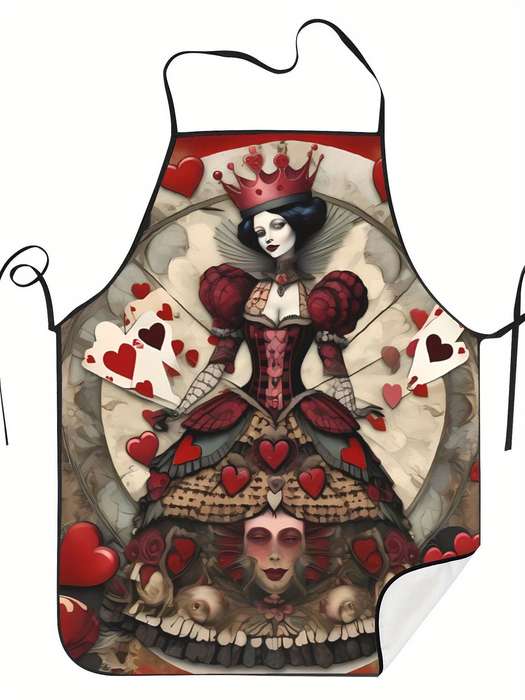 1pc Vintage-Inspired Playing Card Queen Kitchen Apron Polyester Red and White Adjustable Ties
