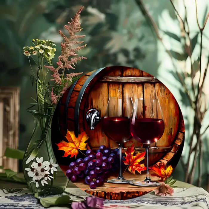 1pc Grapes and Red Wine Theme Decorative Painting Theme Round Aluminum Sign Wall Art Diameter 18.46c