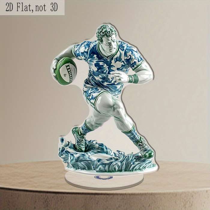 1pc 2D Flat   Rotating Acrylic Rugby Player Figurine Blue and White Porcelain Style Relax Deskt