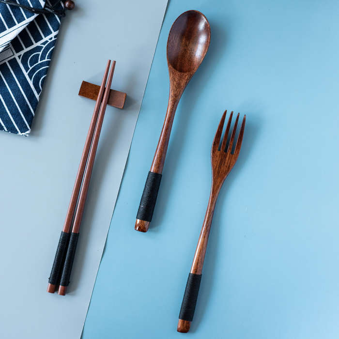 3Pcs Japanese Style Wooden Tableware Set Spoon Chopsticks Fork