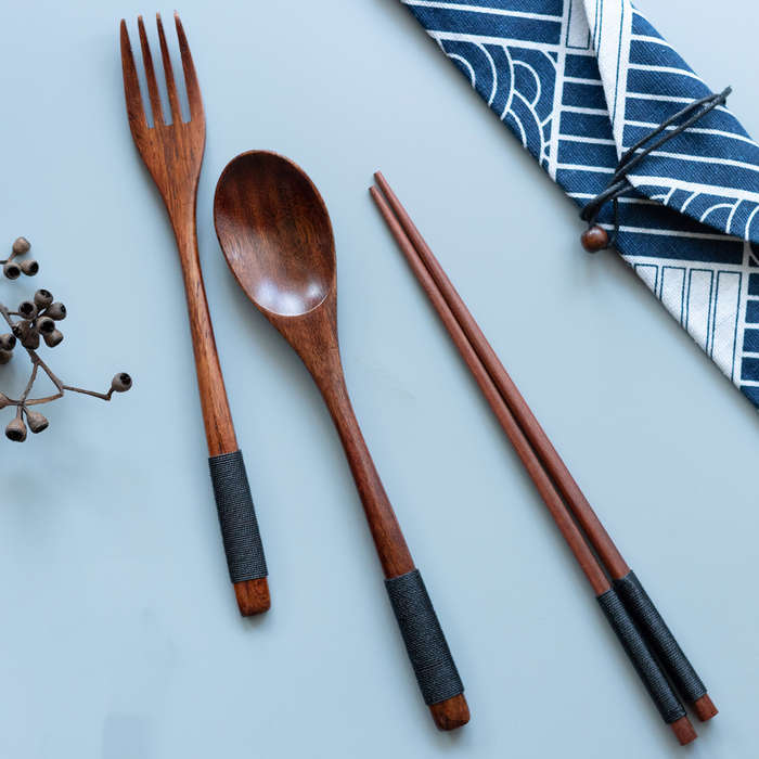 3Pcs Japanese Style Wooden Tableware Set Spoon Chopsticks Fork