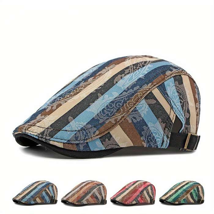 1pc Stylish Unisex Striped Beret Lightweight Non-Stretch Hand-Washable Polyester Painter Cap wi