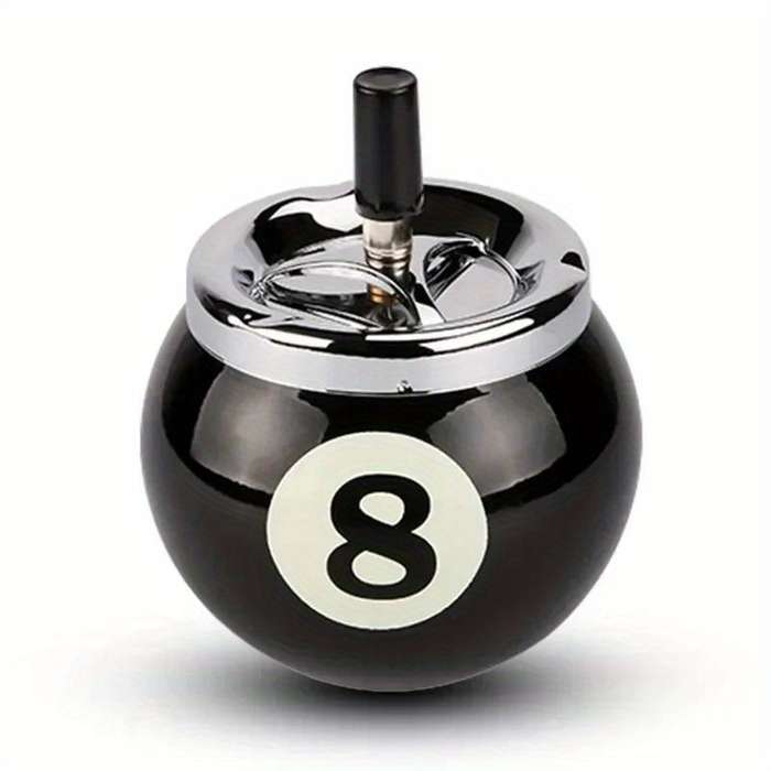 1pc Black No.8 Billiard Ball Cigarette Ashtray C Durable Iron Design Push Button Operation Perfec