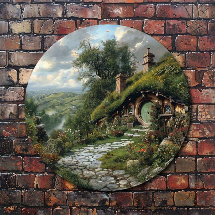 1pc Round Aluminum Wall Art Cut-Out Enchanted Hobbiton Landscape Scene Vintage-Inspired Circular Met