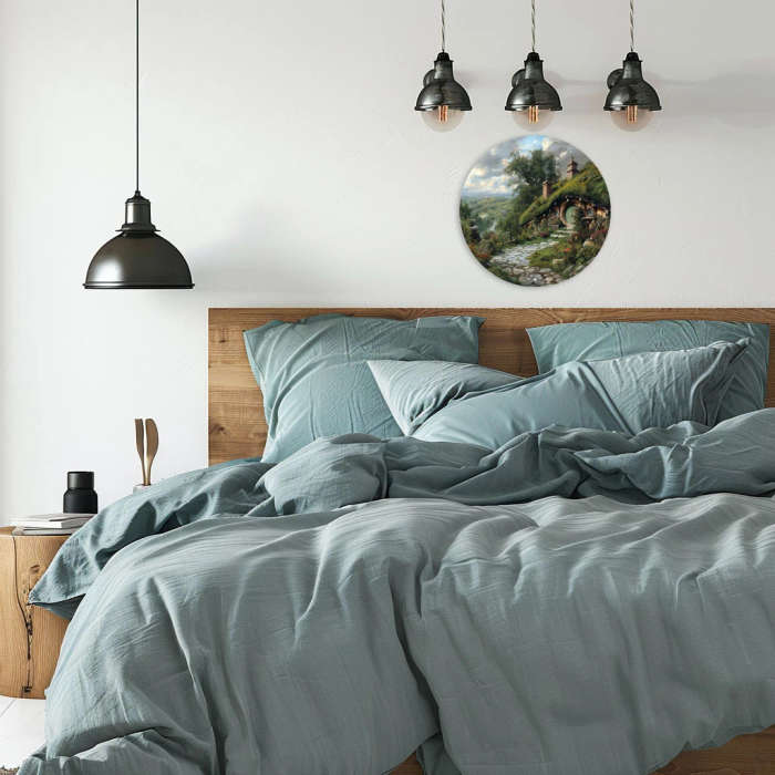 1pc Round Aluminum Wall Art Cut-Out Enchanted Hobbiton Landscape Scene Vintage-Inspired Circular Met