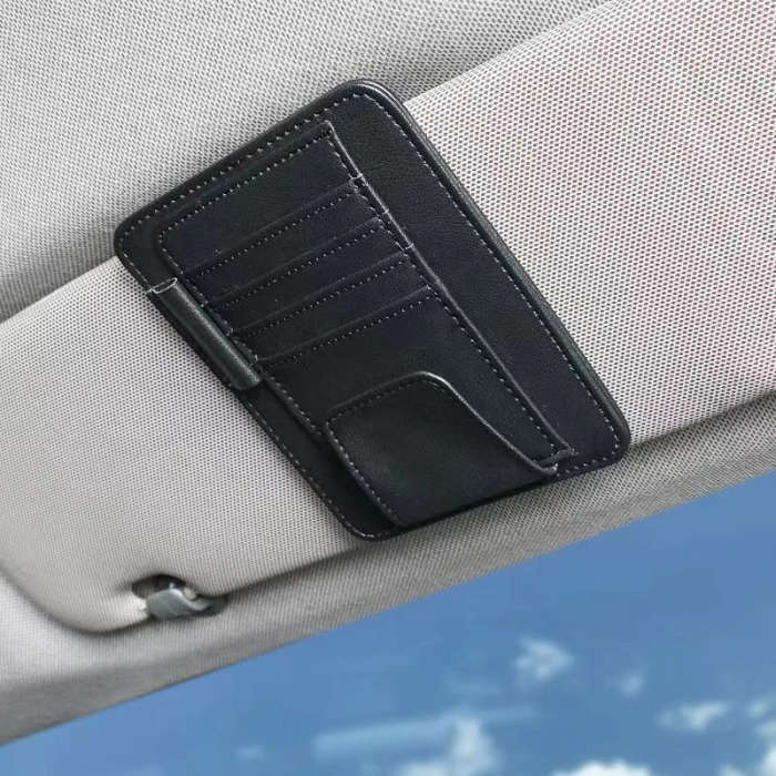 1pc PU Leather Car Visor Organizer with Card Holder and Glasses Pouch Magic Tape Attachment Vehicle