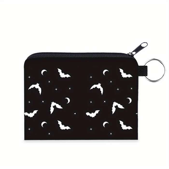 1pc Women'S Polyester Portable Coin Purse with Black Bat Pattern Multi-Functional Key Card Holder