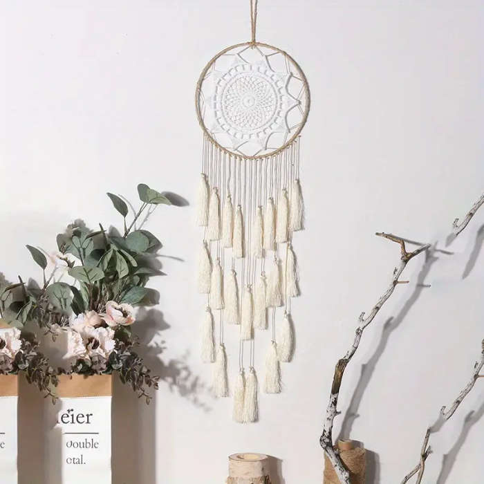 1pc Bohemian Handmade Dream Catcher with Tassels White Feather Wall Hanging Decorative Home Accessor