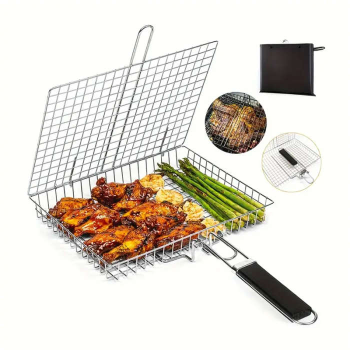 1pc Heavy Duty BBQ Grill Basket Stainless Steel Barbecue Turner for Grilling Meat Steak Shrimp Veget