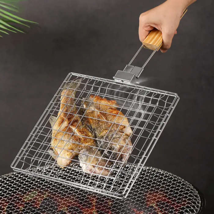 1pc Heavy Duty BBQ Grill Basket Stainless Steel Barbecue Turner for Grilling Meat Steak Shrimp Veget