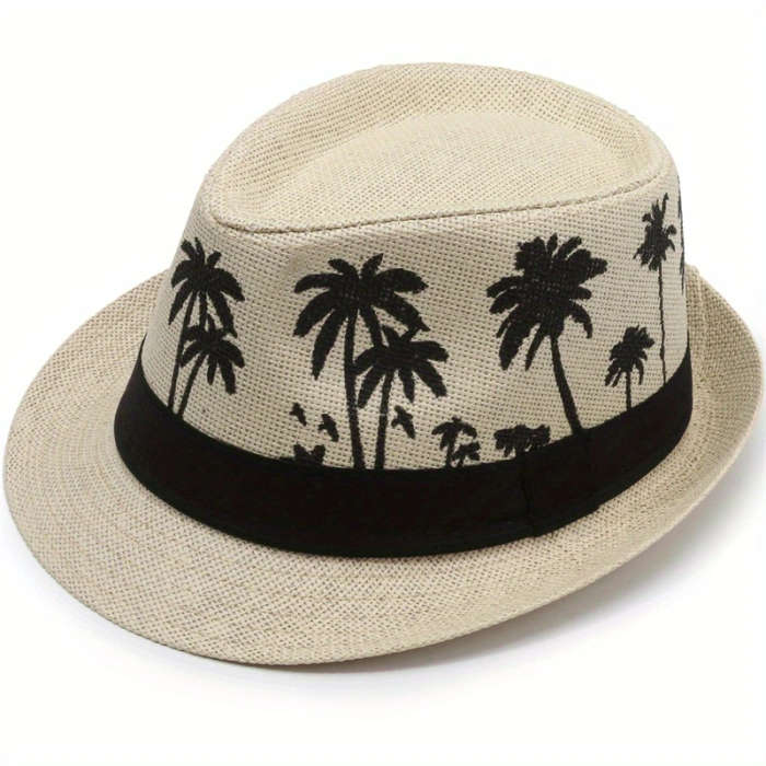 1pc Men's Tropical Palm Tree Pattern Fedora Hat Casual Summer Beach Jazz Cap Sun Protection Breathab