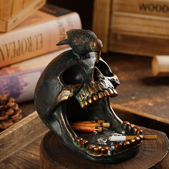 1pc Gothic Skull and Crow Ashtray Resin Ring Holder Censer Vintage Halloween Decor Ideal Gif