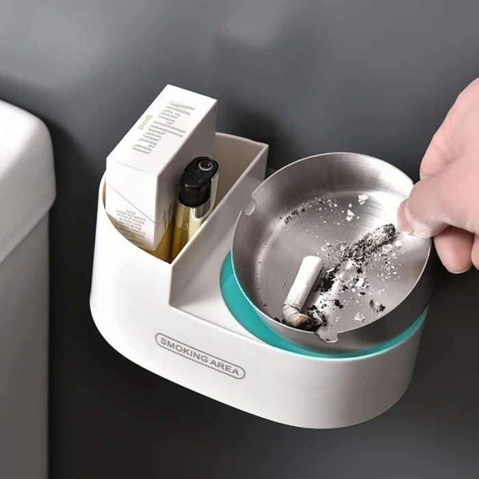 1pc Wall-Mounted Plastic Ashtray with Stainless Steel Cover Uncharged Self-Adhesive Smoke Receptacle