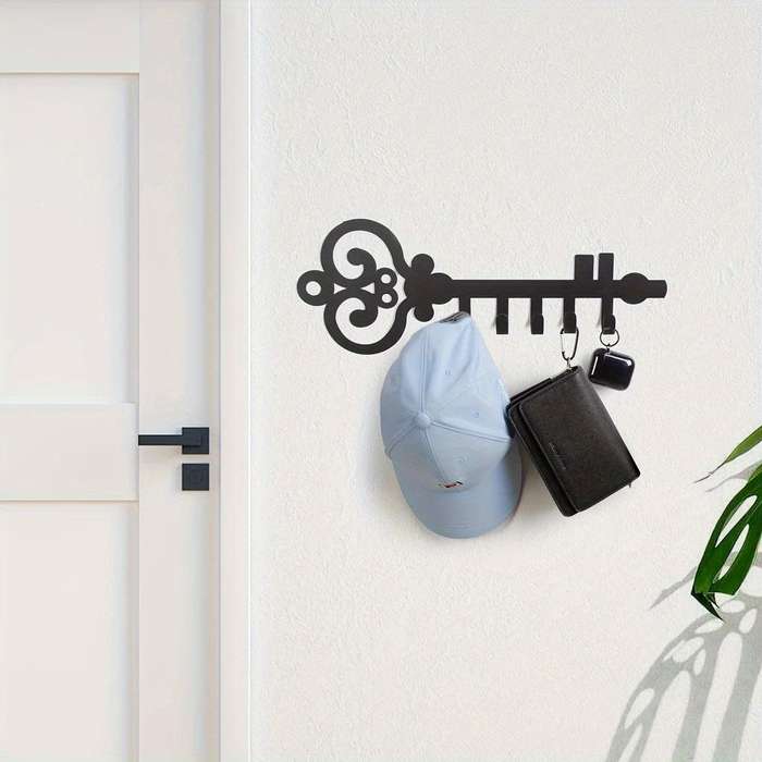 1pc Black Metal Wall-Mounted Key Holder Organizer with Decorative Swirl Design Easy Install Polis