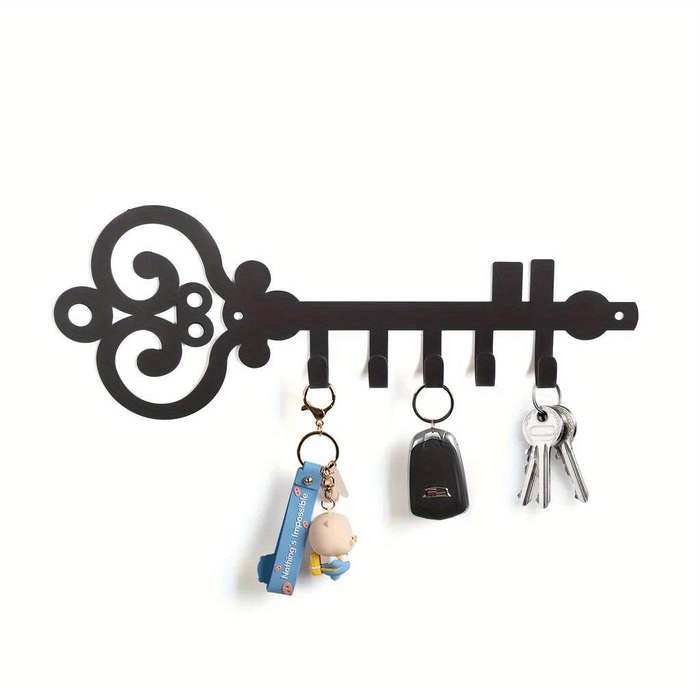 1pc Black Metal Wall-Mounted Key Holder Organizer with Decorative Swirl Design Easy Install Polis
