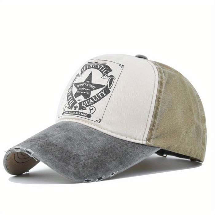 1pc Vintage Star Print Baseball Cap Washed Shabby Look Color Blocking Snapback Sun Hat for Men