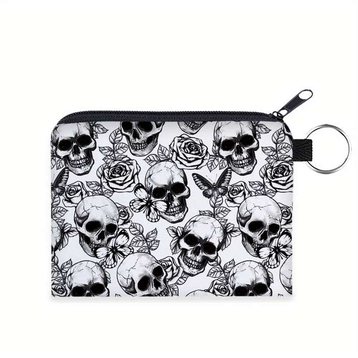 1pc Women'S Stylish Rose Skull Zipper Pouch Durable Polyester Coin Purse with Intricate 3D Print