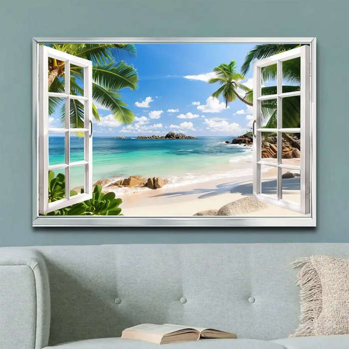 1pc Unframed Canvas Painting Beach View Window Scene Wall Art for Living Room Bedroom Hallway Tropic