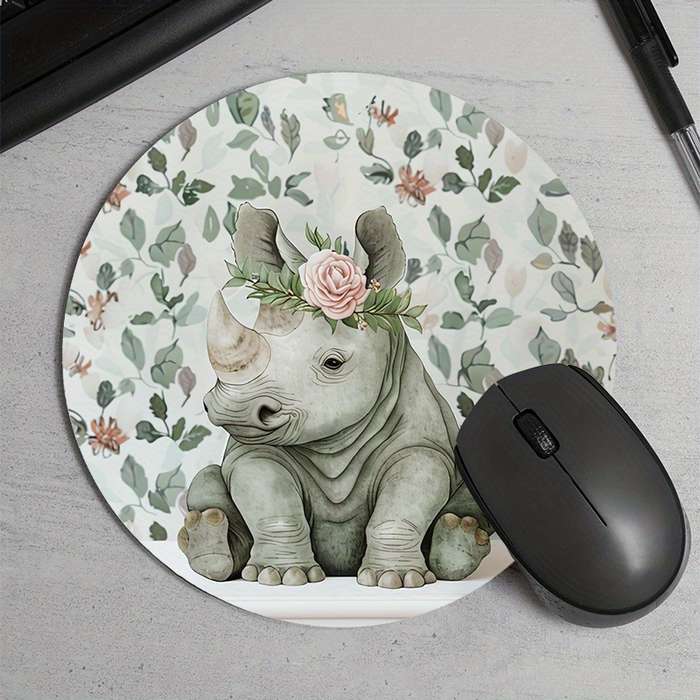 1pc Cute Rhino Floral Design Round Mouse Pad Durable Non-Slip Rubber Base Thickened