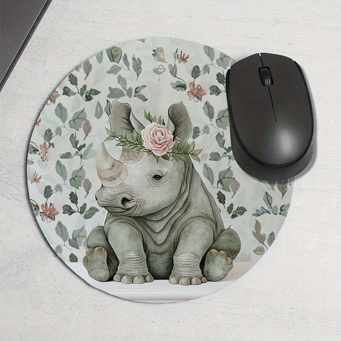 1pc Cute Rhino Floral Design Round Mouse Pad Durable Non-Slip Rubber Base Thickened