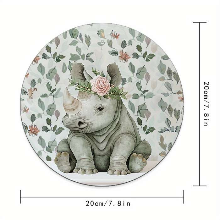 1pc Cute Rhino Floral Design Round Mouse Pad Durable Non-Slip Rubber Base Thickened