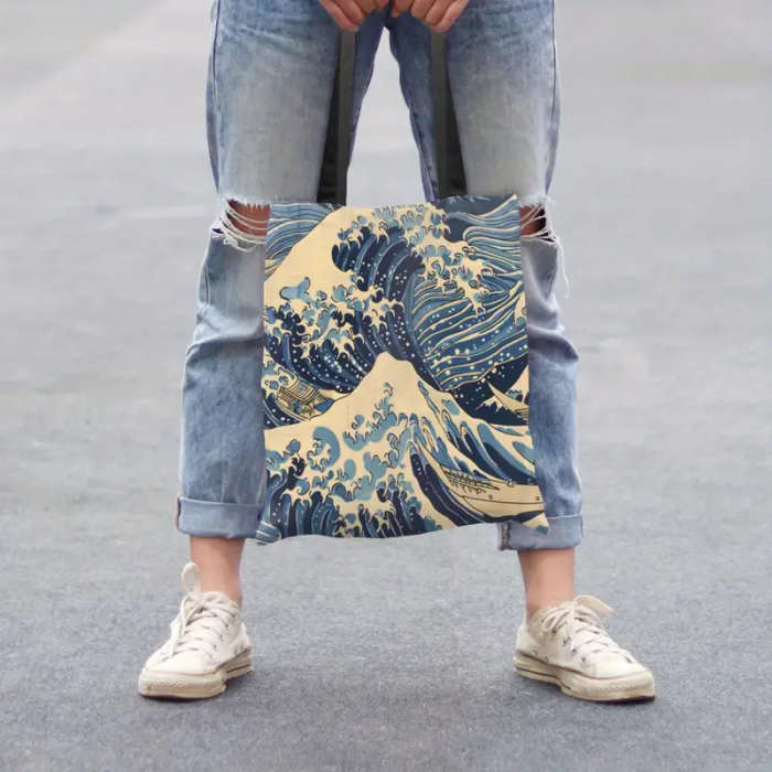 1pc Sea Wave Pattern Tote Bag Reusable Shoulder Shopping Bag for Men and Women Ideal for Gym Picnic