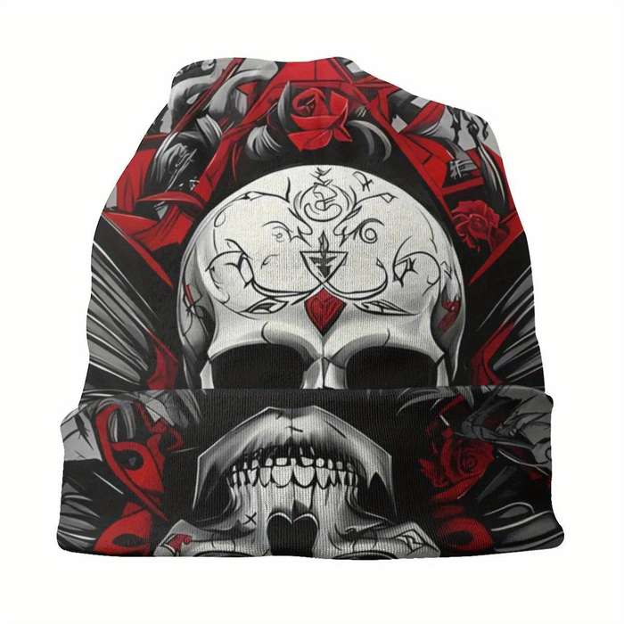 1pc Men's Gothic Skull Butterfly Beanie Stretchy Polyester Blend Casual Woven Ski Cap with Int