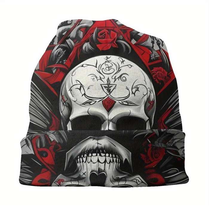 1pc Men's Gothic Skull Butterfly Beanie Stretchy Polyester Blend Casual Woven Ski Cap with Int