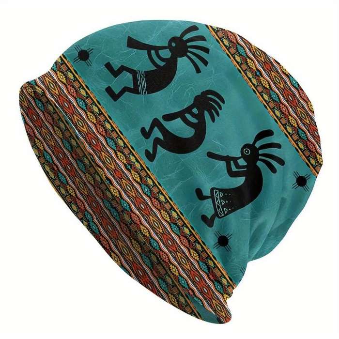 1pc Men's Trendy Kokopelli Tribal Zia Symbol Beanie Casual Stretch Knit Skull Cap for Skiing Ou
