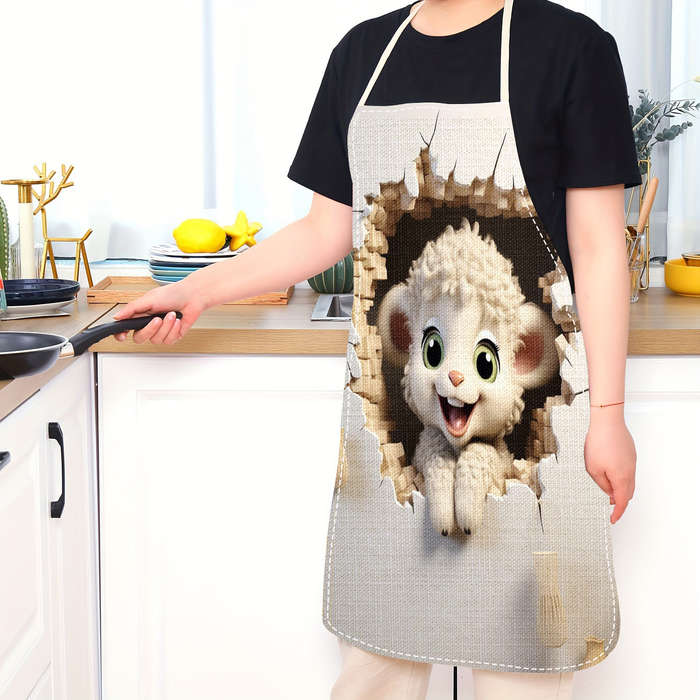 1pc Creative Linen Printed Apron with Sheep Design Durable Comfort-Fit Sleeveless Chef Cooki
